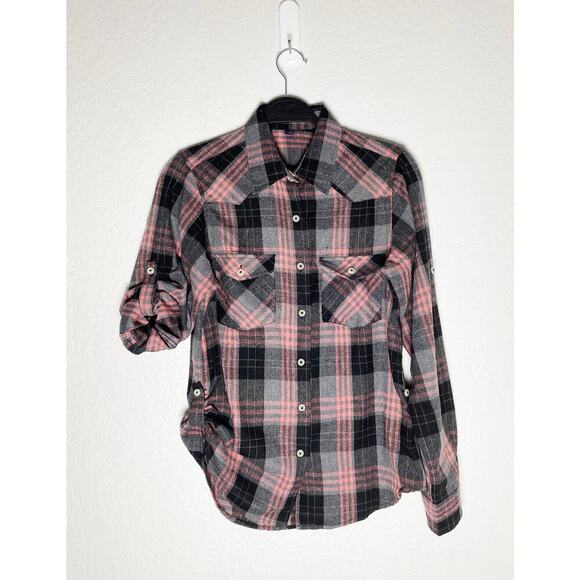 Design In Italy Luxury Women's Plaid Flannel Pink Gray Button Up Roll Tab Sleeve - Picture 5 of 12